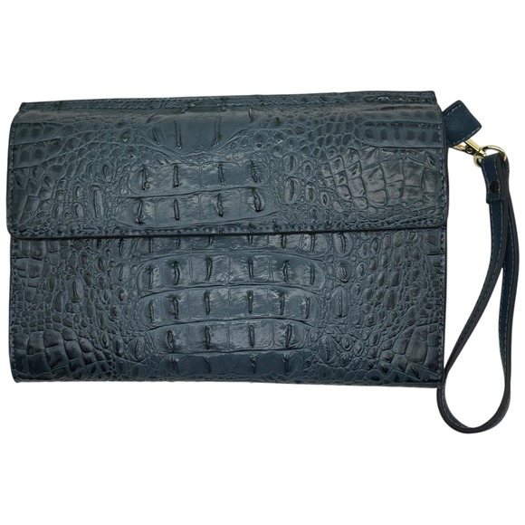 Croc Embossed Wristlet Clutch Wallet Teal Blue Zip Pouch w Strap